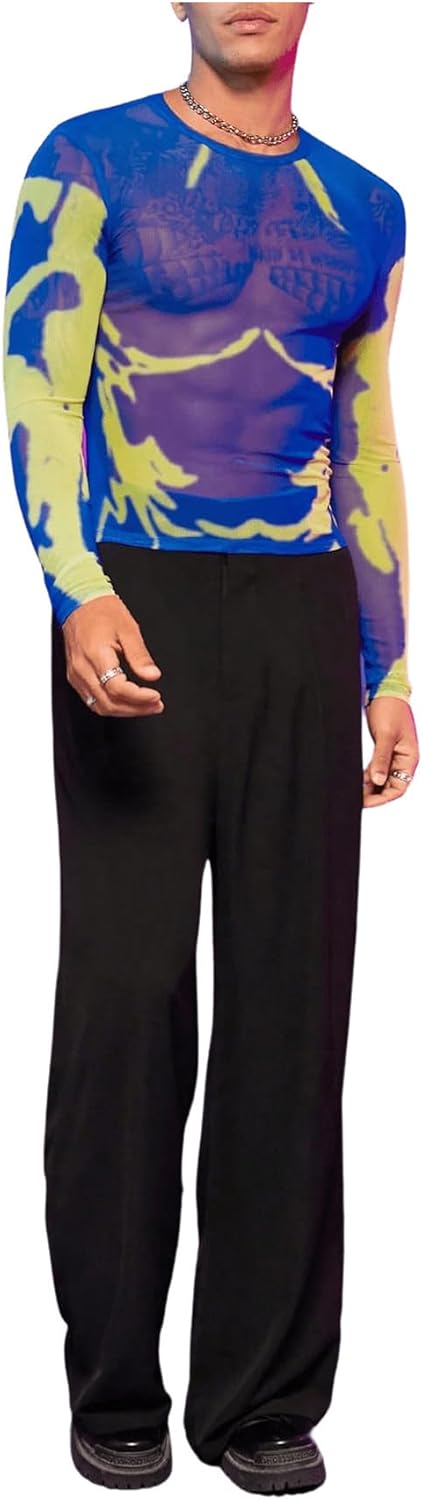 WDIRARA Men's Mesh Shirts Long Sleeve Rave See Through Tee Crewneck Party Club Wear Top