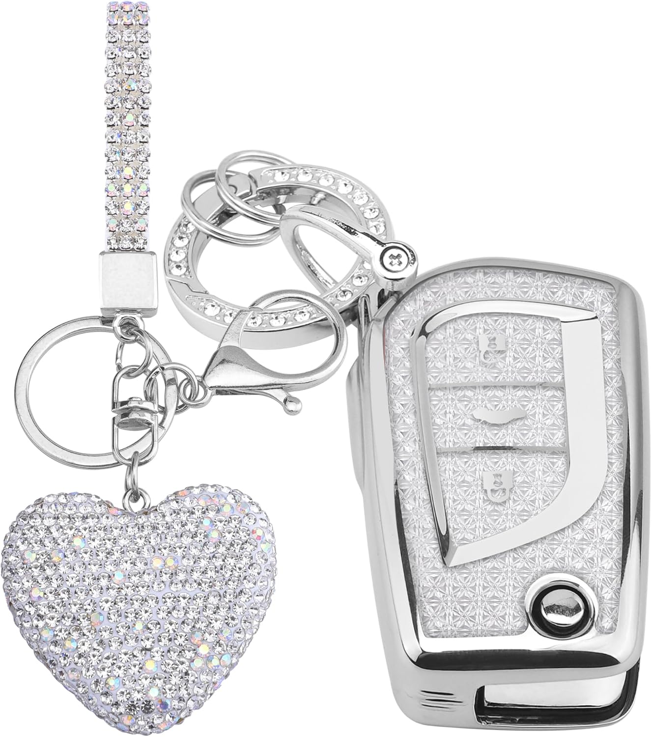 for Toyota 3 Buttons Key fob Cover with Diamond Heart Keychain, Car Accessories TPU for Fortuner Tundra Camry RAV4 Highlander Corolla Smart Key, Silver Clear