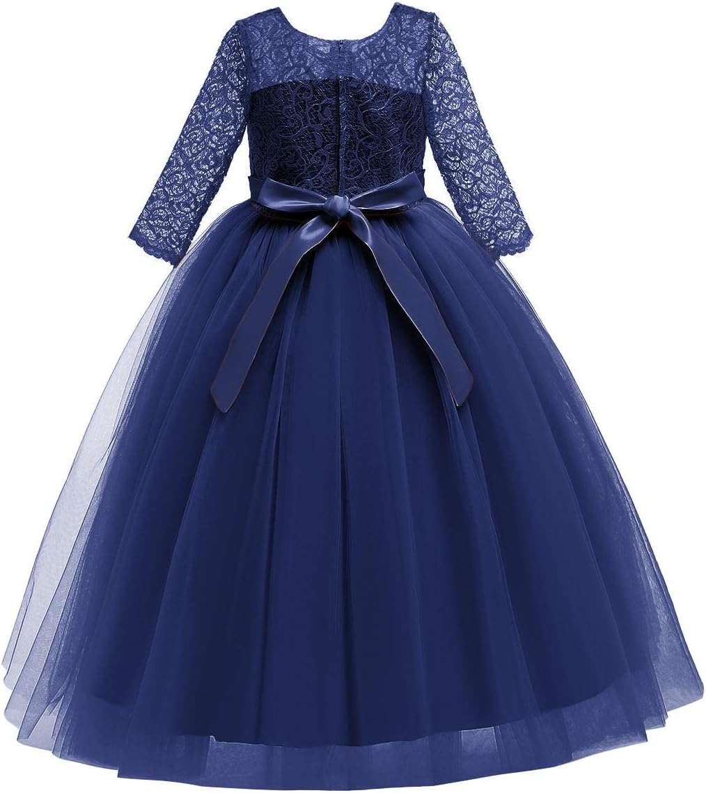 Girls Flower Vintage Floral Lace 3/4 Sleeves Floor Length Dress Wedding Party Evening Formal Pegeant Dance Gown
