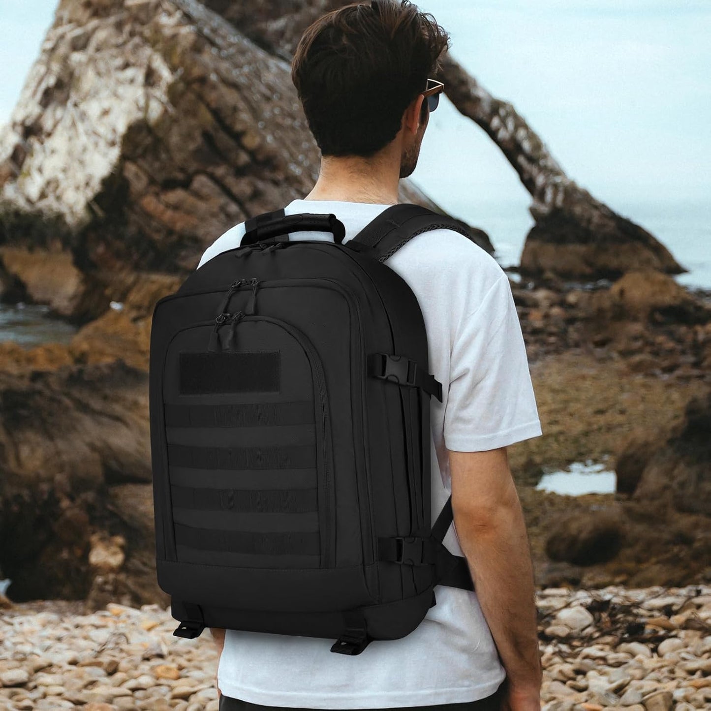 HUNTVP 45L Tactical Backpack Military Backpack Expandable MOLLE Rucksack Hunting Gear Bag Assault Pack Army Backpack(Black)