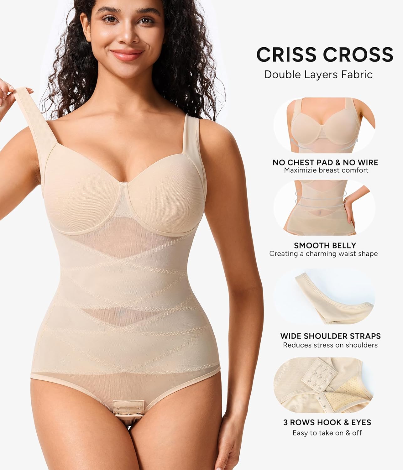 Nebility Shapewear Bodysuit for Women Tummy Control Waist Trainer Backless Body Shaper V-Neck with Built in Bra