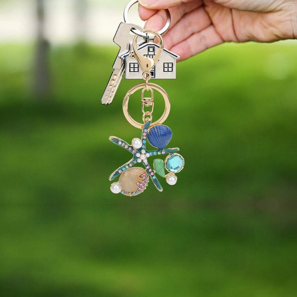 HEEPDD Crystal Rhinestone Keychain, Cute Starfish Scallop Shape Key Chain Sparkling Key Ring Charm Purse Pendant Handbag Bag Decoration Holiday Gift
