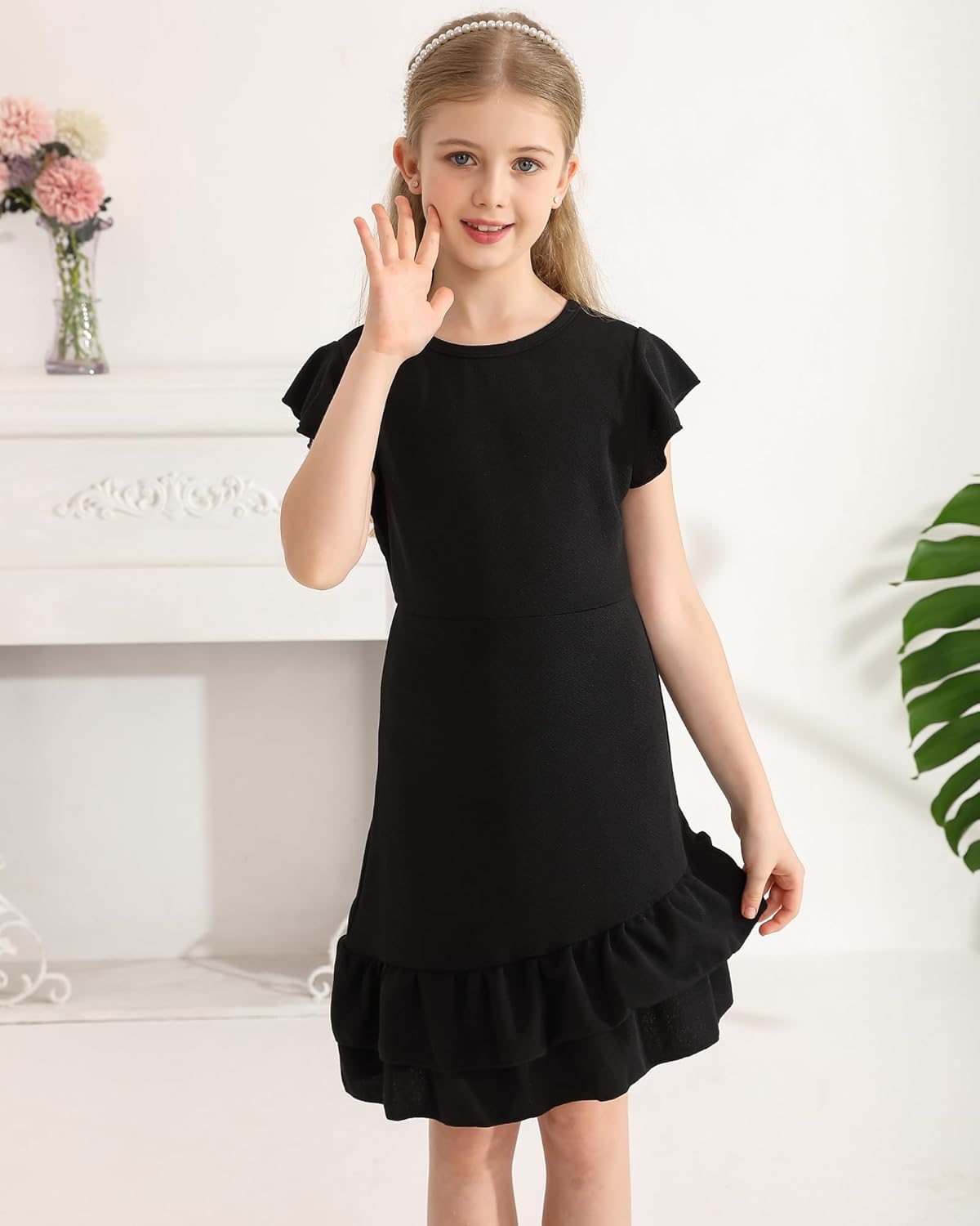 Girls Spring Summer Dresses Cap Sleeve Midi Kids Prom Dress Tween Girl Semi Formal Party Black Dress Size 9-10