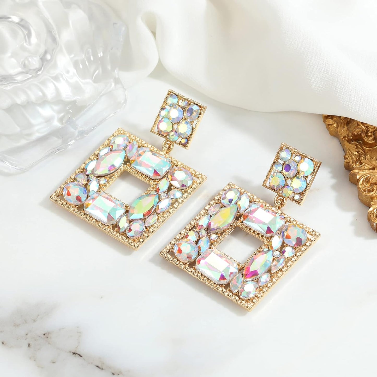 Rhinestone Square Statement Dangle Earrings Trendy Crystal Geometric Drop Earrings Hypoallergenic Jewelry for Women Party