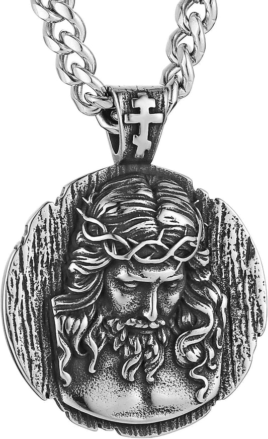 HZMAN Jesus Pendant Necklace for Men Retro Stainless Steel Medal Pendant Necklace Amulet Jewelry Gift
