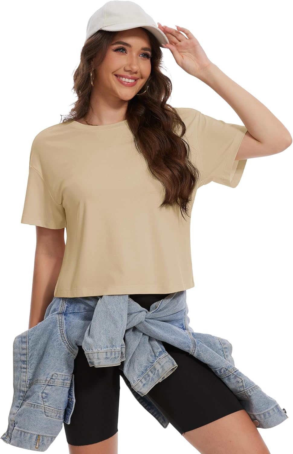 YUCOLEN Women's Crop Tops Summer Short Sleeve Cotton UPF 50+ Round Neck Casual Loose Cropped T-Shirts Solid Basic Tees