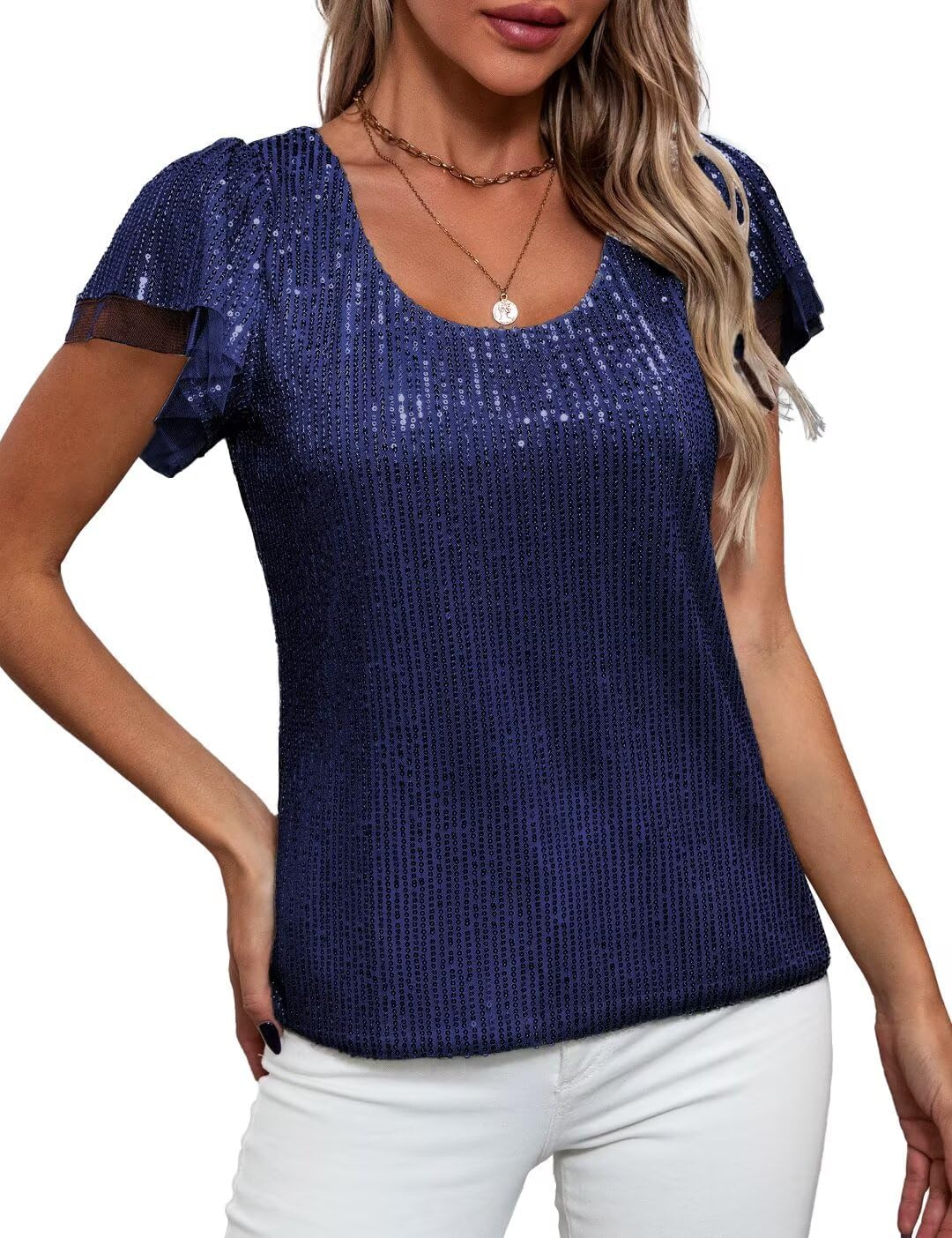 Traleubie Women's Sequin Tops Ruffle Sleeves Glitter Dressy Blouses Round Neck Sparkly Tops for Party, Evening, Cocktail