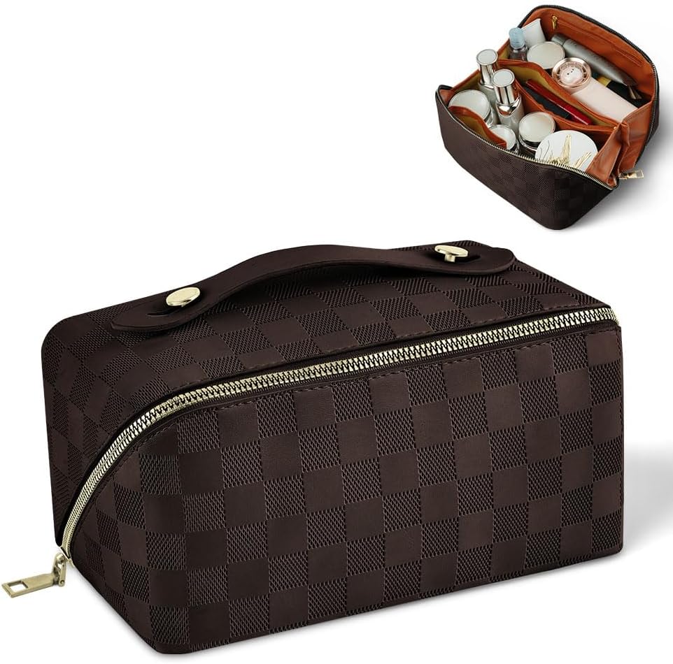 Premium PU Cosmetic Bag Travel Bag, Large Capacity Layered Cosmetic Bag Zipper Bag, Portable Travel Organizer Multifunctional Waterproof Bag, Easy to Carry (Checkerboard - Brown)