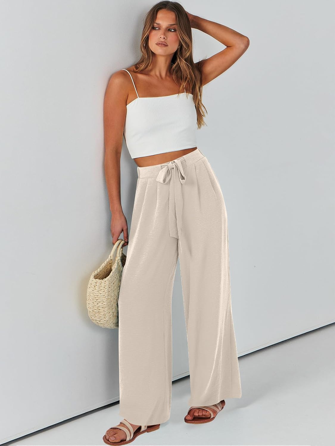 Caracilia Women Wide Leg Palazzo Pants Summer High Waist Flowy Casual Trousers Loose Lounge Beach Travel Vacation Clothes