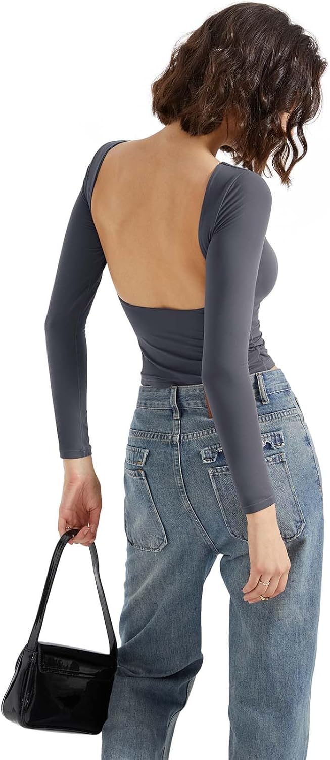 SUUKSESS Women Backless Going Out Tops Double Lined Open Back Basic Long Sleeve