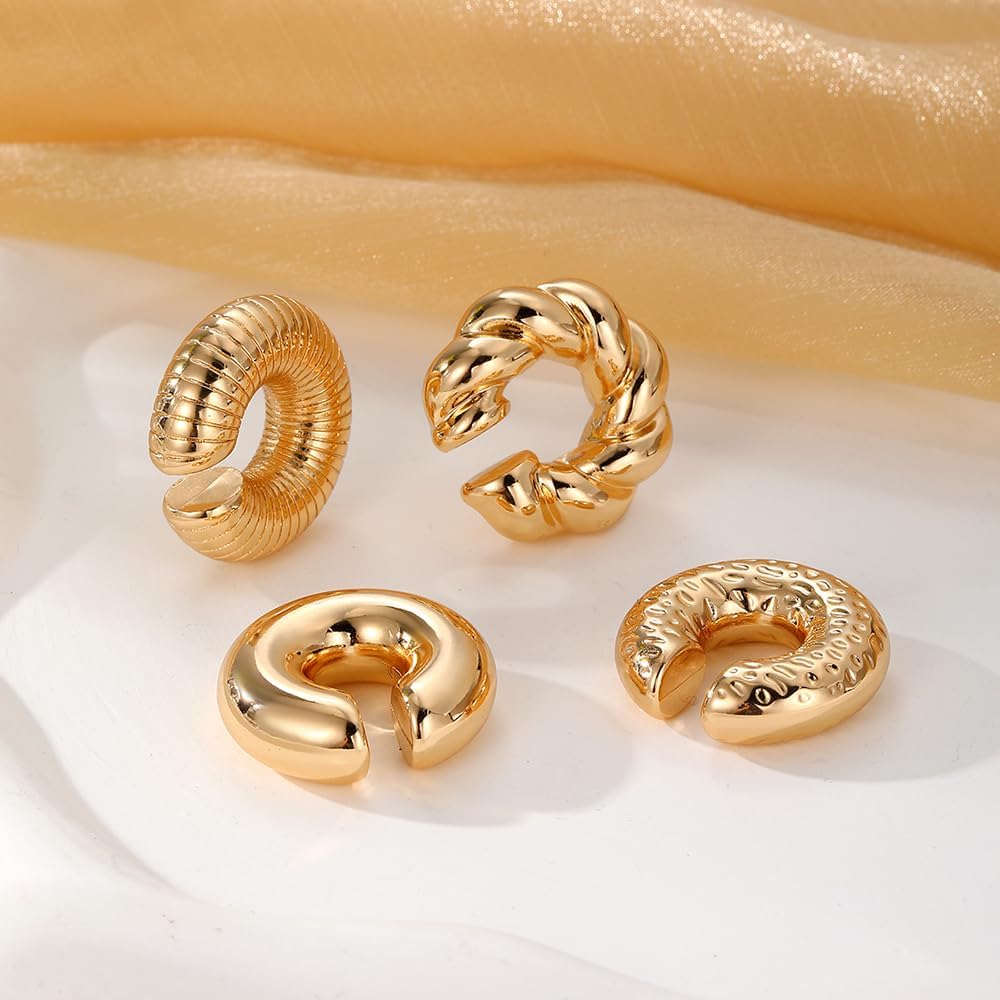 KISS WIFE 4 Pcs Chunky Ear Cuffs Non Piercing for Women, 14K Gold Plated Clip On Cartilage Hoop Earrings Jewelry Gifts