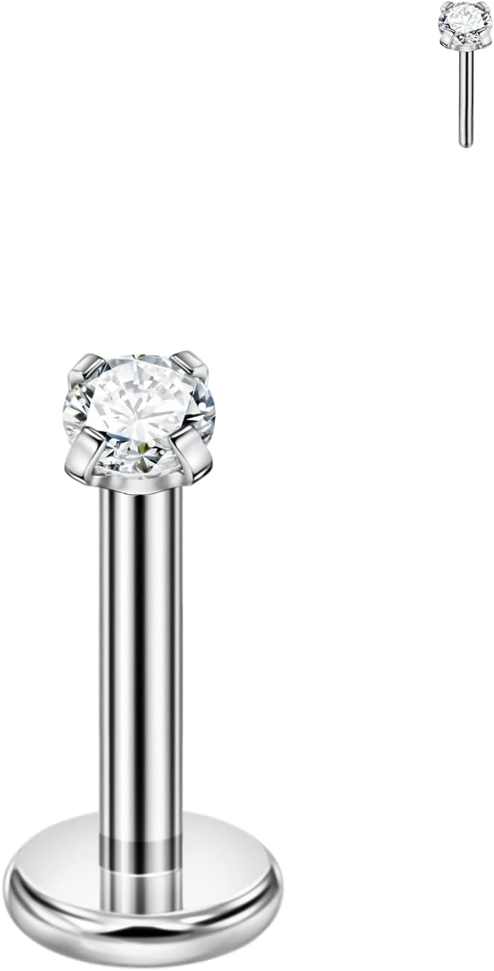 FANSING Single 316L Surgical Steel Threadless Labret Stud with CZ for Nose Cartilage Helix Rook Conch Tragus Earlobe Piercings