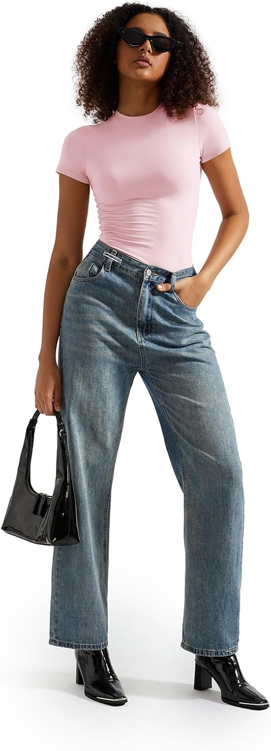 SUUKSESS Women Double Lined Fitted Basic Tee Crew Neck Short Sleeve Y2K Crop Top