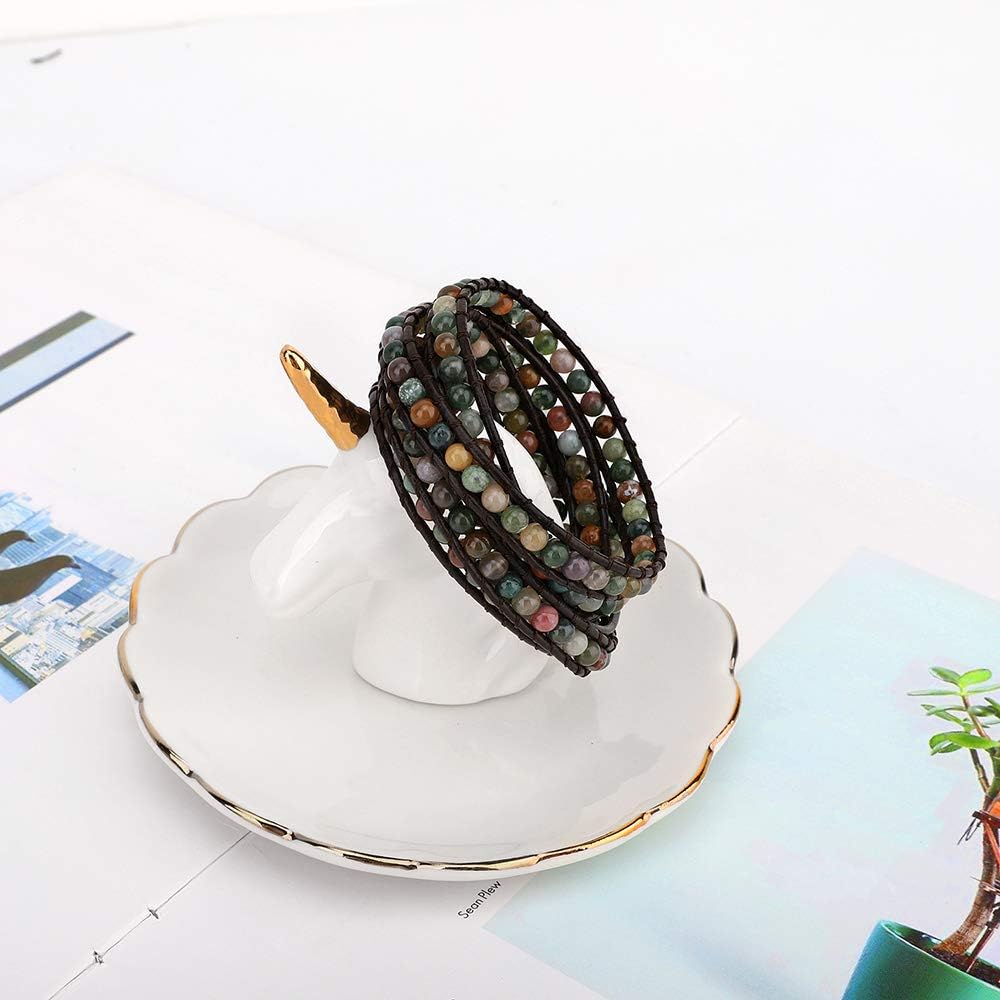 Layered Leather Bracelet, Rivet Leopard Print Bohemian Style Multilayer Wrap Bracelet, Handmade Agate Amethyst Chakra Crystal Glass Beaded Shell Bracelet for Women