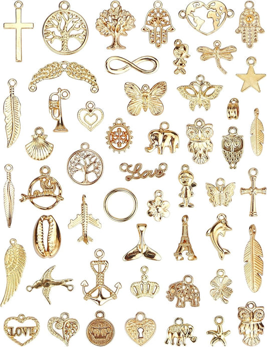 JIALEEY Wholesale Bulk 50PCS Mixed Gold Charms Pendants DIY for Necklace Bracelet Jewelry Making and Crafting