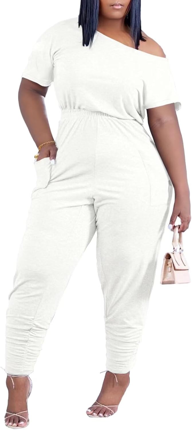acelyn Casual One Piece Loose Jumpsuit for Women Summer Plus Size Overalls Off Shoulder Pockets Romper