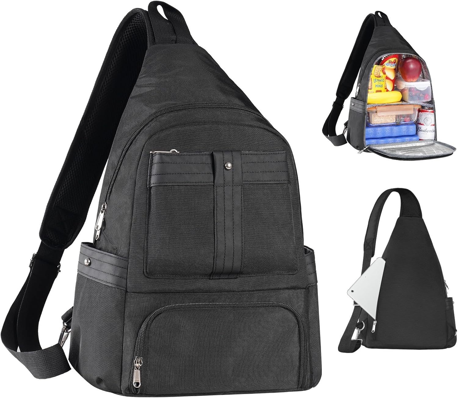 Crossbody Lunch Backpack, Double Deck Large Insulated Lunch Box for Men Women Adult, Leakproof Lunchbox with Side Pokets for iPad, Small Cooler Bag for Work Office Hiking Beach Picnic, Black