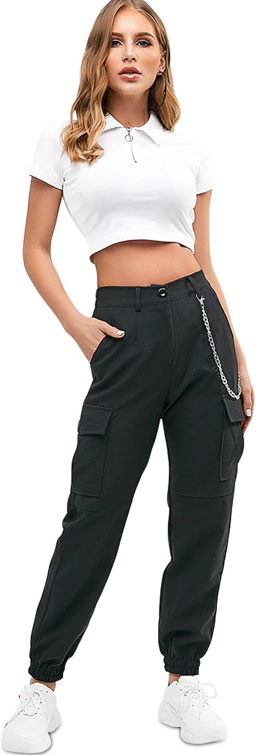 ZAFUL Cargo Pants for Women High Waisted Jogger Pants Outdoor Sweatpants Casual Pants with Chain