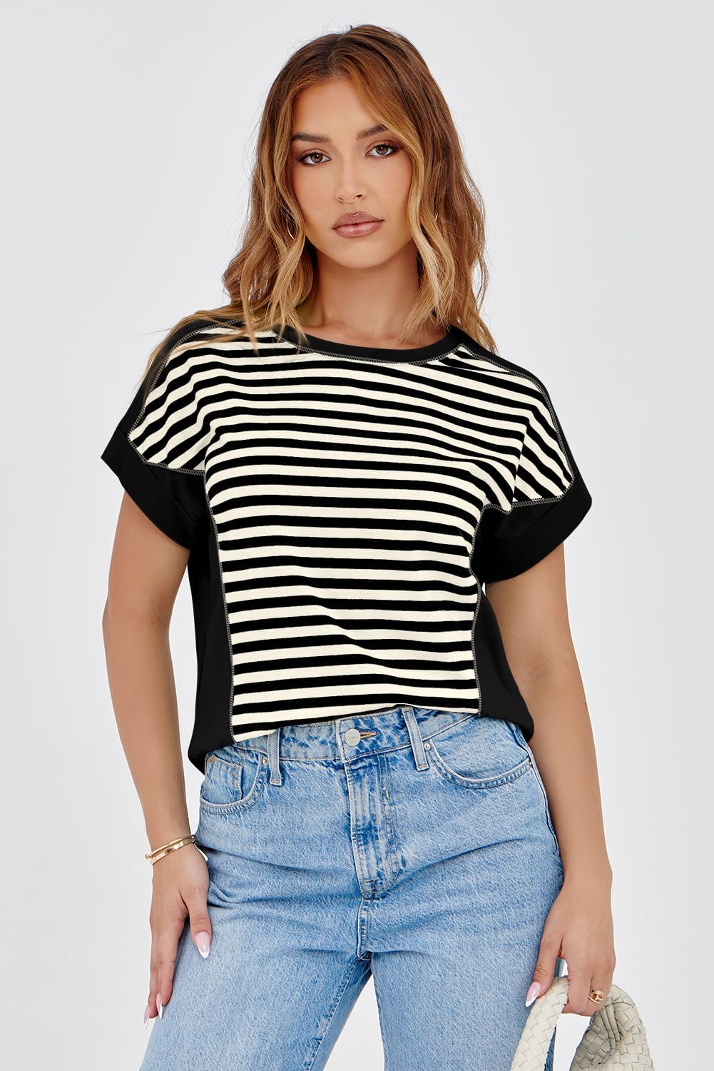 Dokotoo T Shirts for Women Striped Color Block Crewneck Short Sleeve Casual Workout Tops Loose High Low Blouses