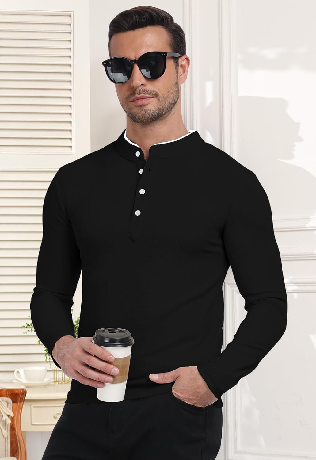 KUYIGO Men's Long Sleeve Slim Fit Mandarin Polo Shirts Waffle Button Fashion Casual Tops T-Shirt