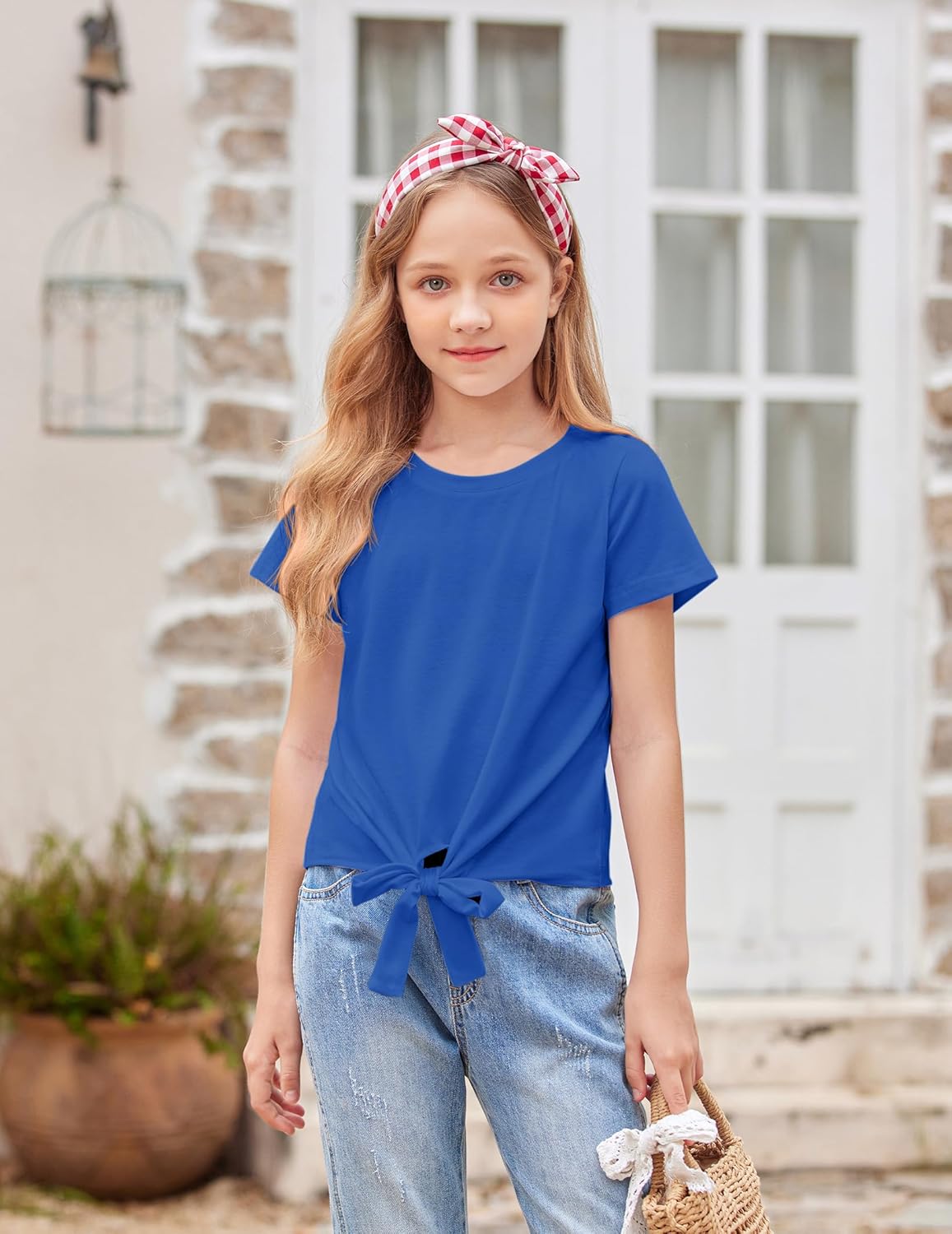 Arshiner Girls Short Sleeve Shirts Tie Knot Front Tops T Shirts for Kids Crewneck Cute Casual Tie Dye Tee Blouse