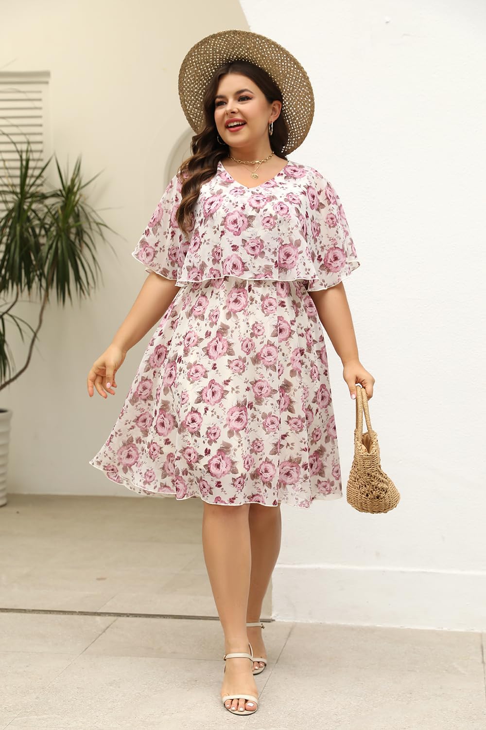 Keluummi Plus Size Summer Wedding Guest Dress for Curvy Women, Casual Boho Floral Empire Waist Midi Flowy Dress with Sleeve
