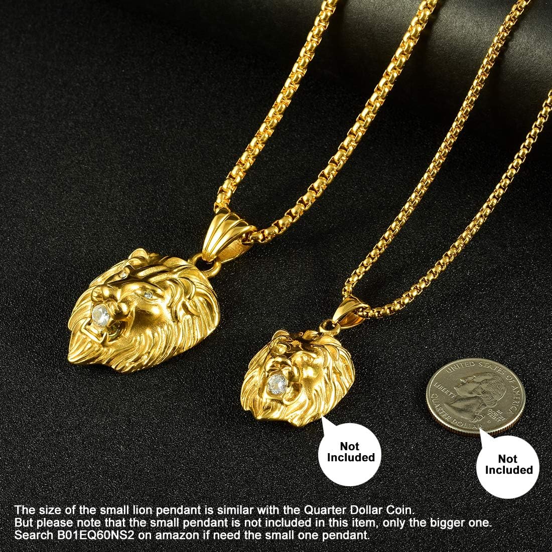 Jewelry Kingdom 1 Mens Necklace Lion Pendant Necklace, Bigger in Size, Silver Plated Stainless Steel, 3PCS Shiny CZ Diamonds, Comes with Rope Chain 24”and in a Gift Box