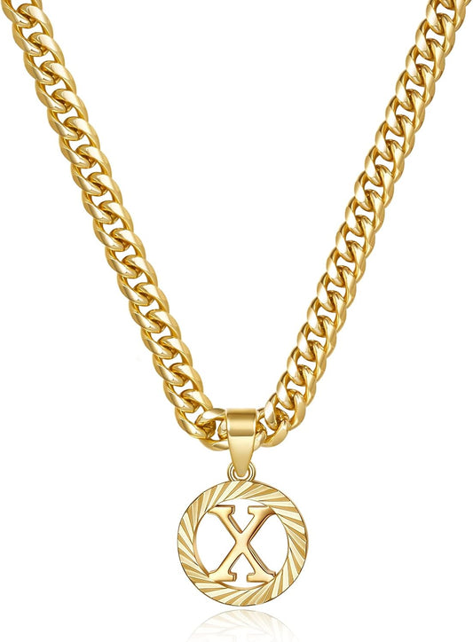 KissYan Gold Initial Necklace,14K Gold Plated Round Letter Pendant Hollow Capital Monogram 5mm Cuban Chain Necklace Alhpabets from A-Z Dainty Jewelry for Women Men
