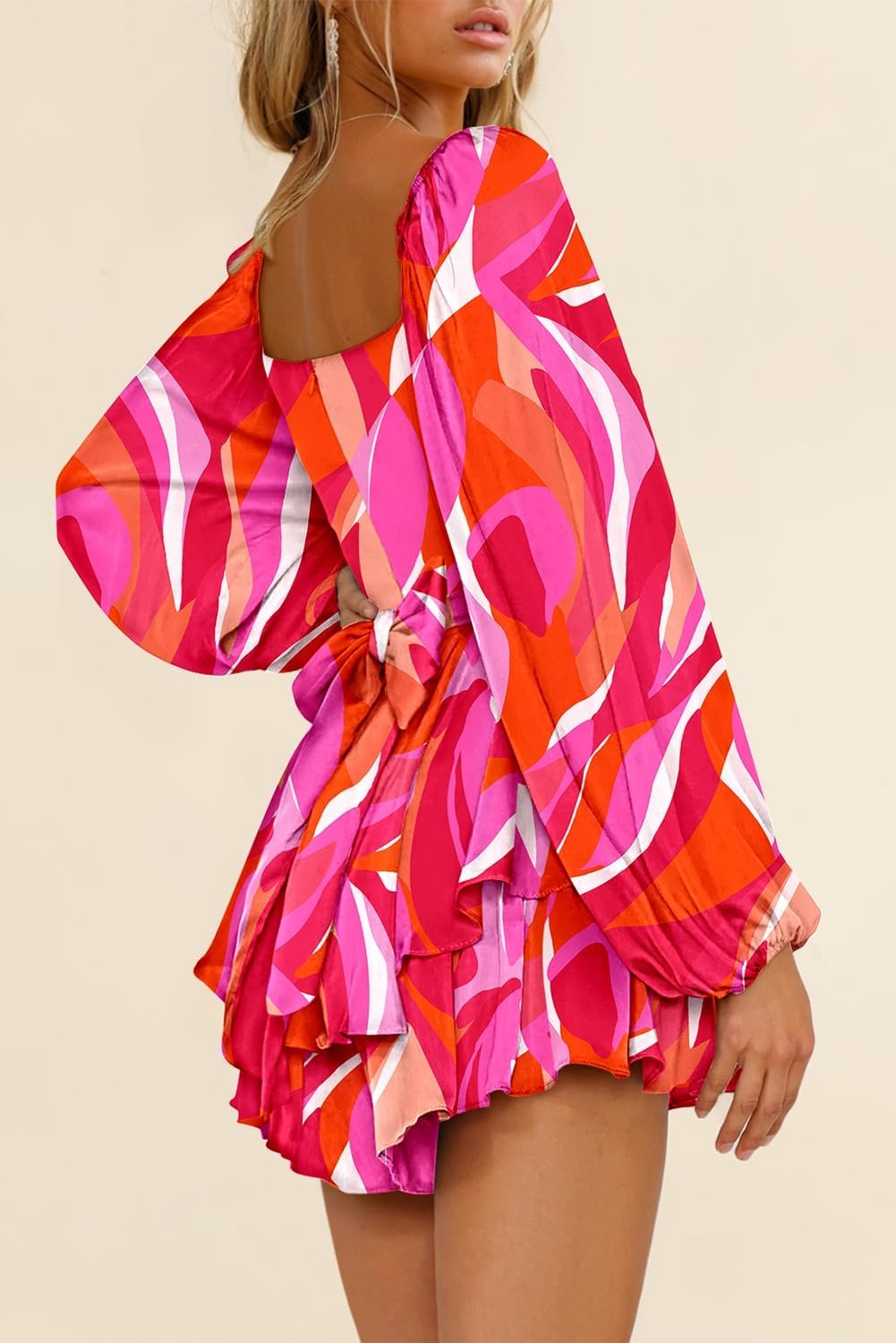 Fixmatti Women off Shoulder Rompers Lantern Long Sleeve Ruffle Tie Mini Shorts Jumpsuit