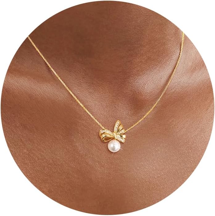 Single Pearl Gold Necklaces for Women Trendy: 14k Gold Plated Thin Chain Sparkly CZ/Dainty Pearl Pendant Stacked Adjustable Necklace Simple Cute Non Tarnish Waterproof Wedding Gold Jewelry