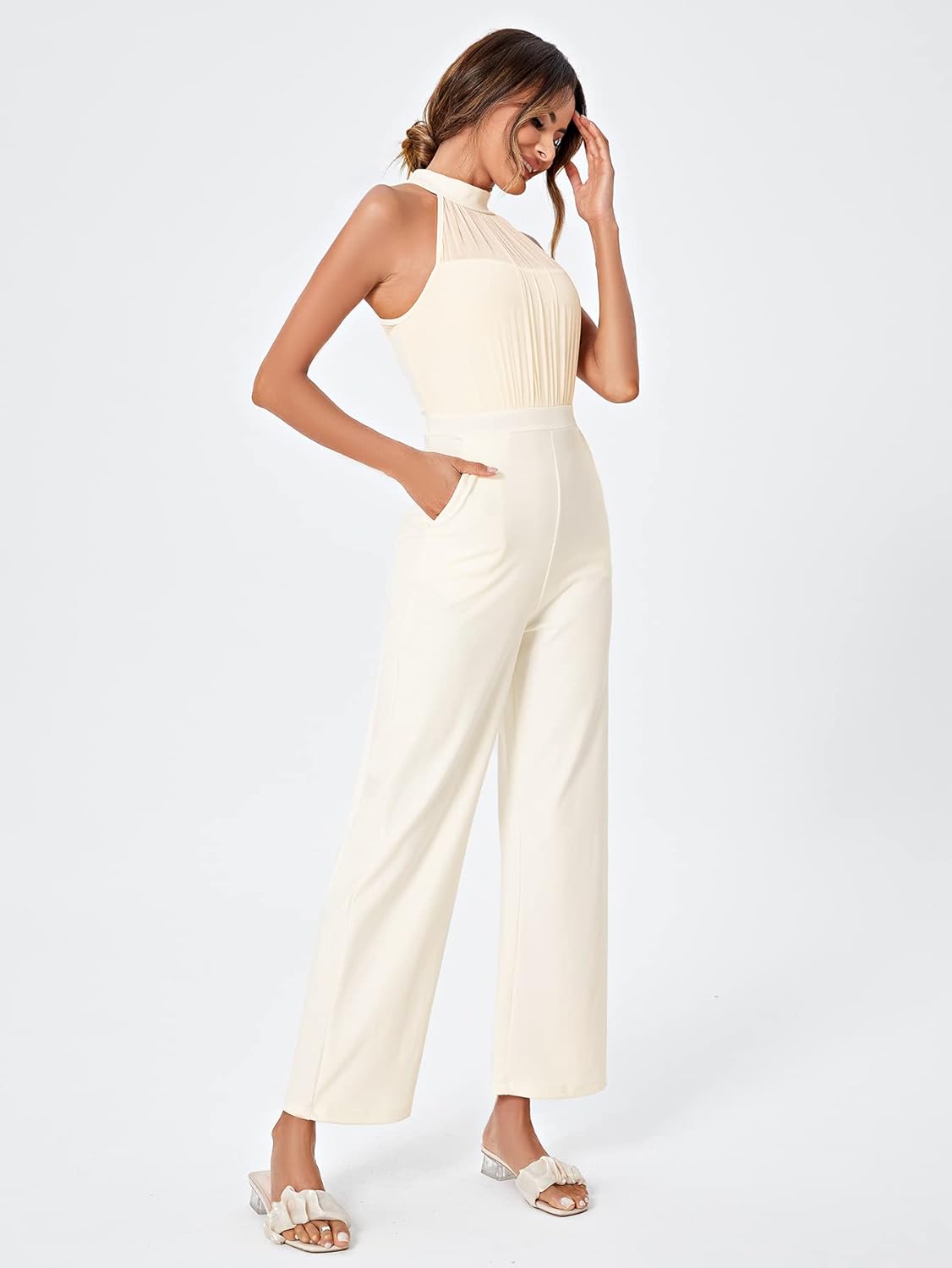 SweatyRocks Women's Elegant Sleeveless Halter High Waist Flare Leg Pants Romper Jumpsuit
