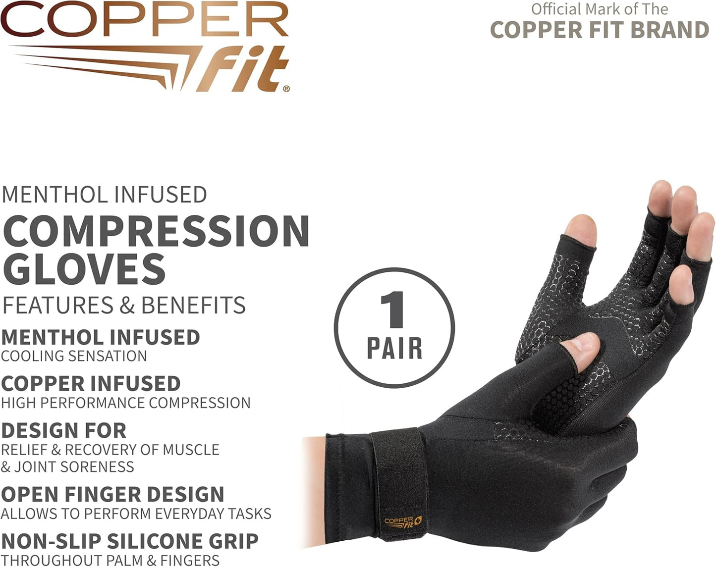 Copper Fit ICE Compression Gloves Infused with Menthol and Coq10 for Recovery, Black