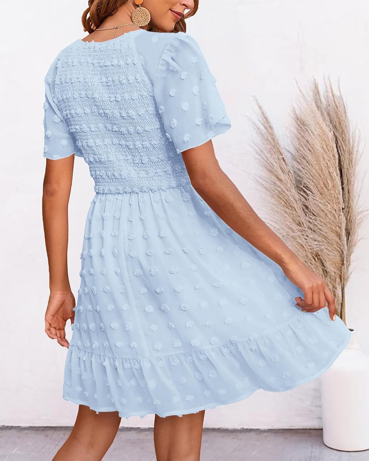 BTFBM Womens Beach Vacation Dress Summer 2025 V Neck Short Sleeve Smocked Swiss Dot Cute Ruffle Casual Fall Mini Dresses