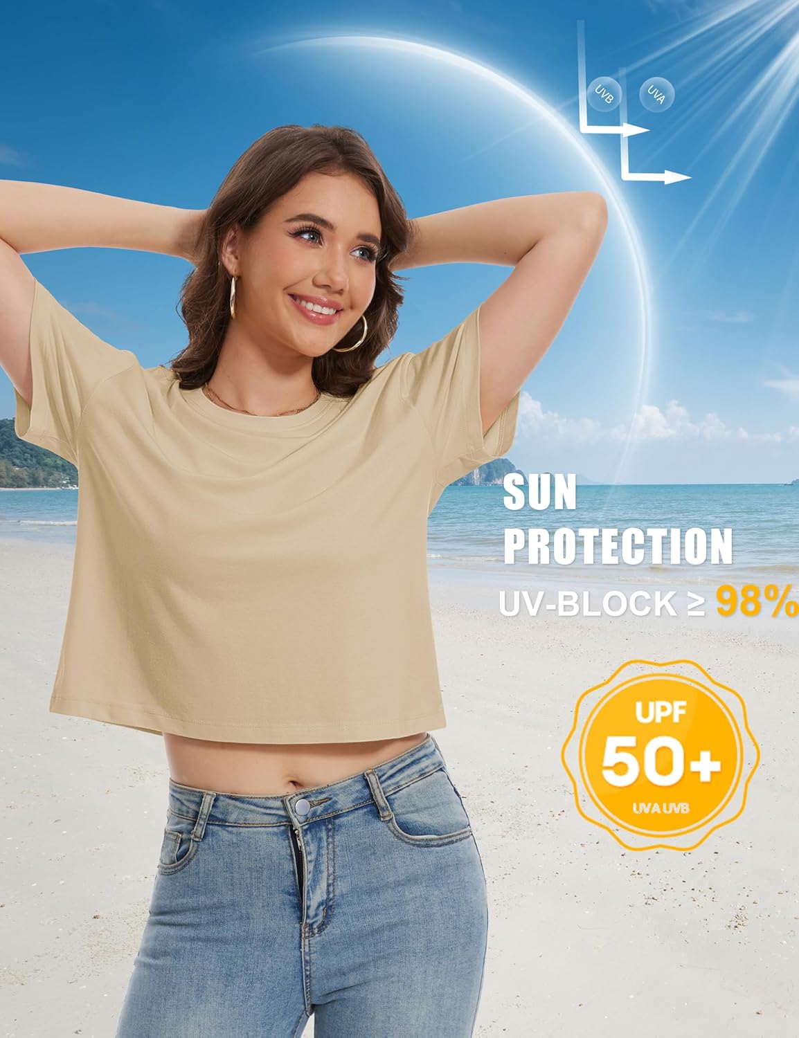 YUCOLEN Women's Crop Tops Summer Short Sleeve Cotton UPF 50+ Round Neck Casual Loose Cropped T-Shirts Solid Basic Tees
