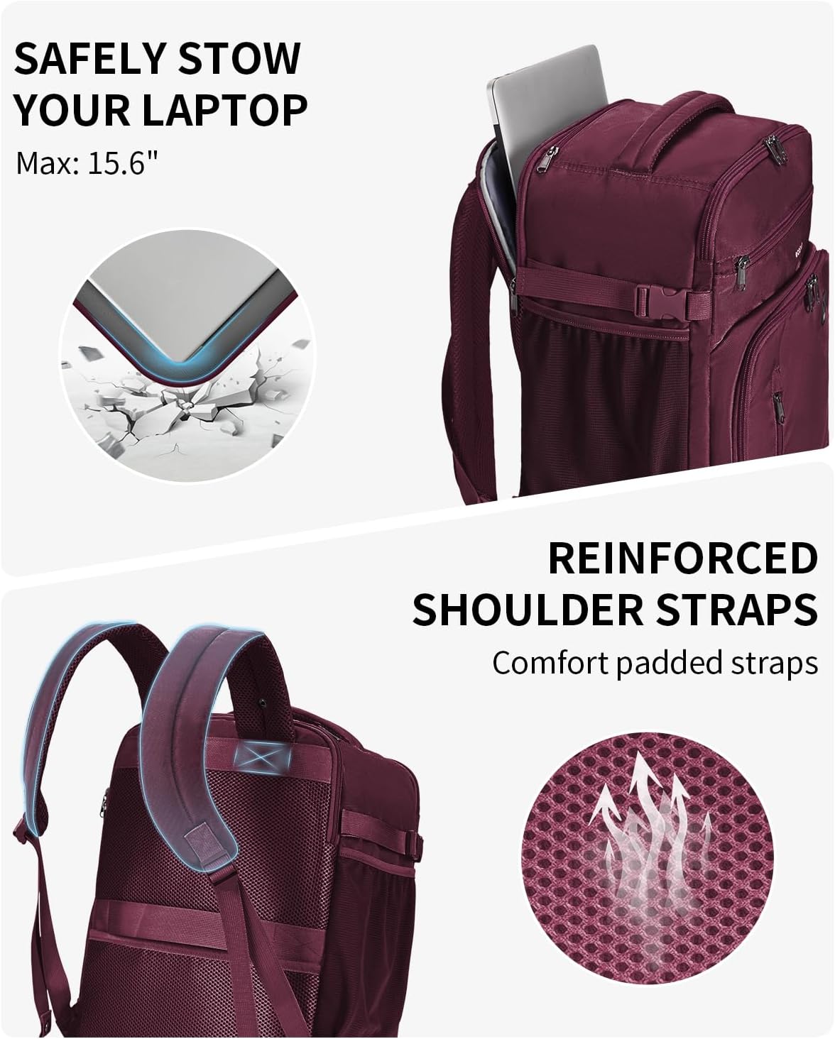 ECOHUB Travel Backpack for Women, 18x14x8 Spirit Airlines Personal Item Bag with Clear Toiletry Bag, Laptop Carry on Backpack with USB Port, Airline Approved Under Seat 14 Pockets 30L, Red