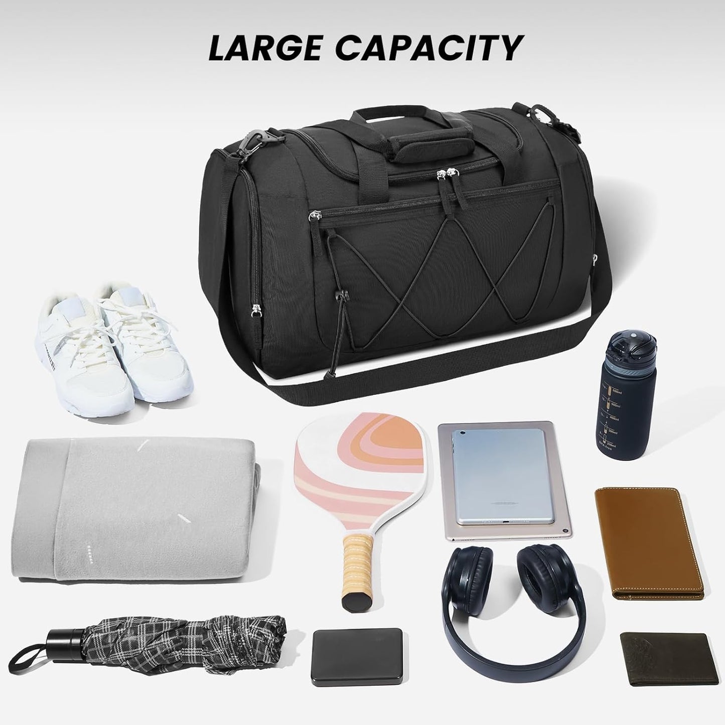 Vorspack Gym Bag for Men - 21 Inches Duffle Bag for Travel Lightweight Duffel Bag with Shoe Compartment Personal Item Travel Bag Weekender Bag for Travel Sports Gym - Black