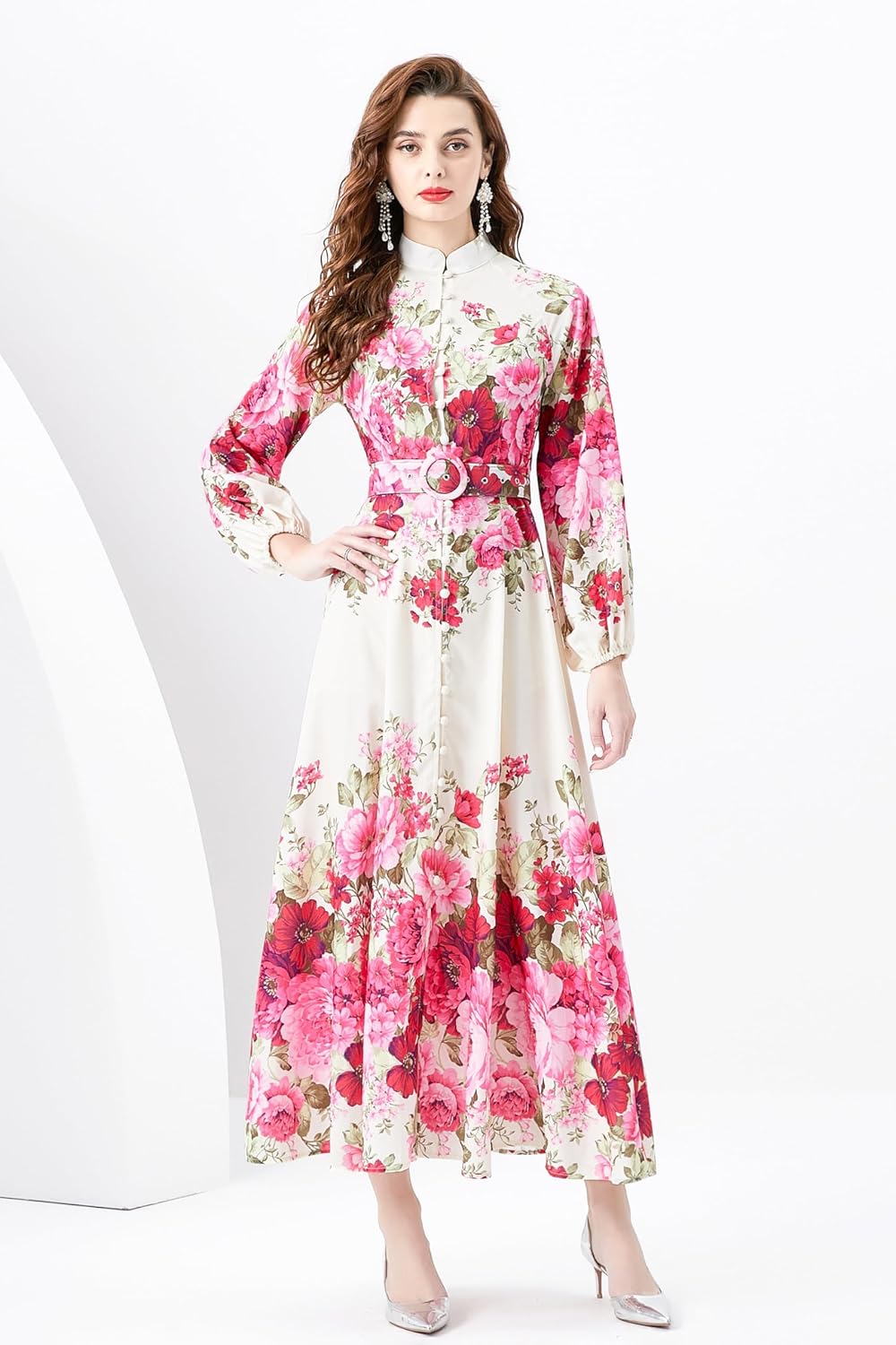 LAI MENG FIVE CATS Women's Floral Print Puff Sleeve Button Up Split Party Flowy Maxi Dress