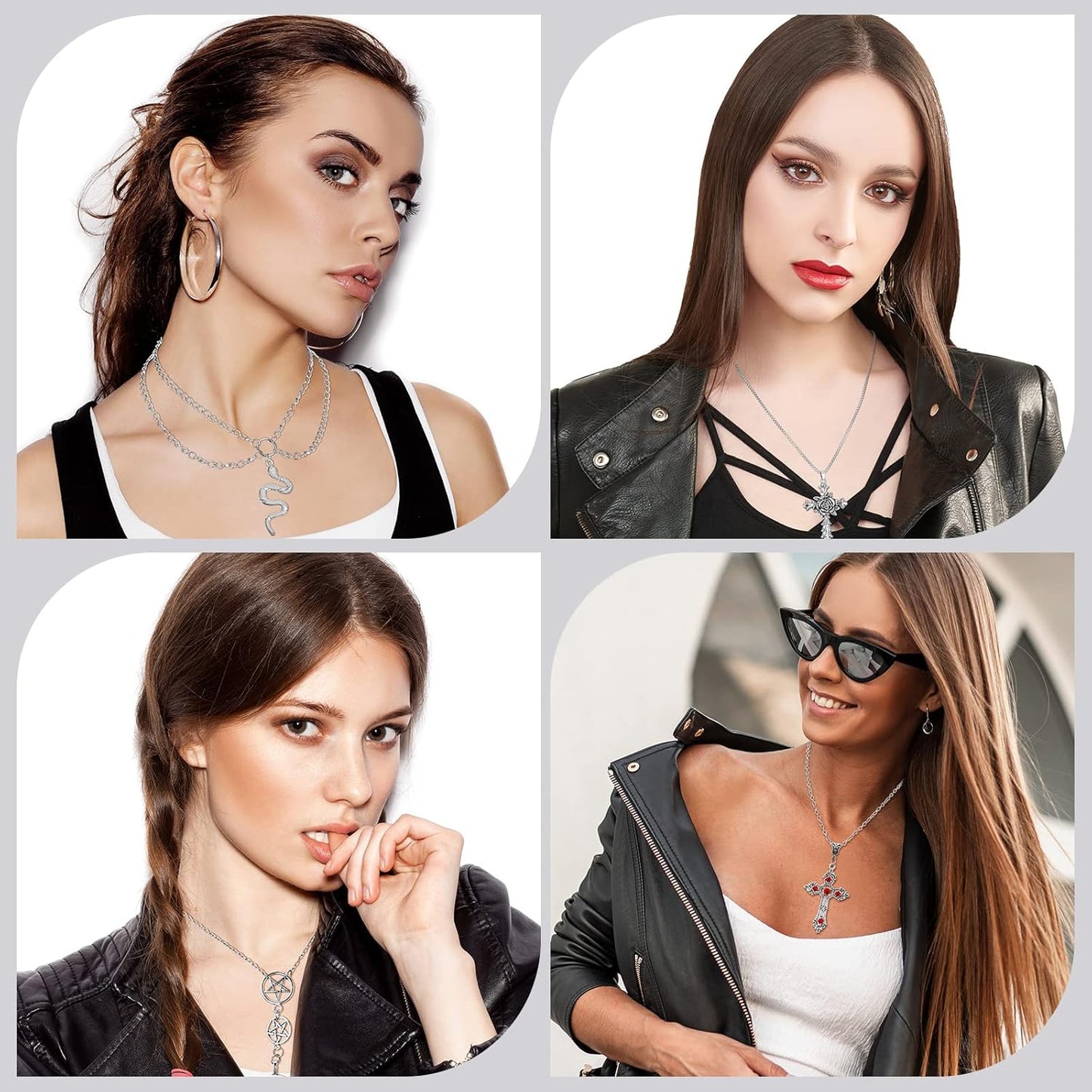 Janmercy 15 Pcs Gothic Grunge Necklace Set Goth Punk Rock Vintage Y2k Harajuku Silver Chain Choker Necklace Jewelry Costume Accessories for Women