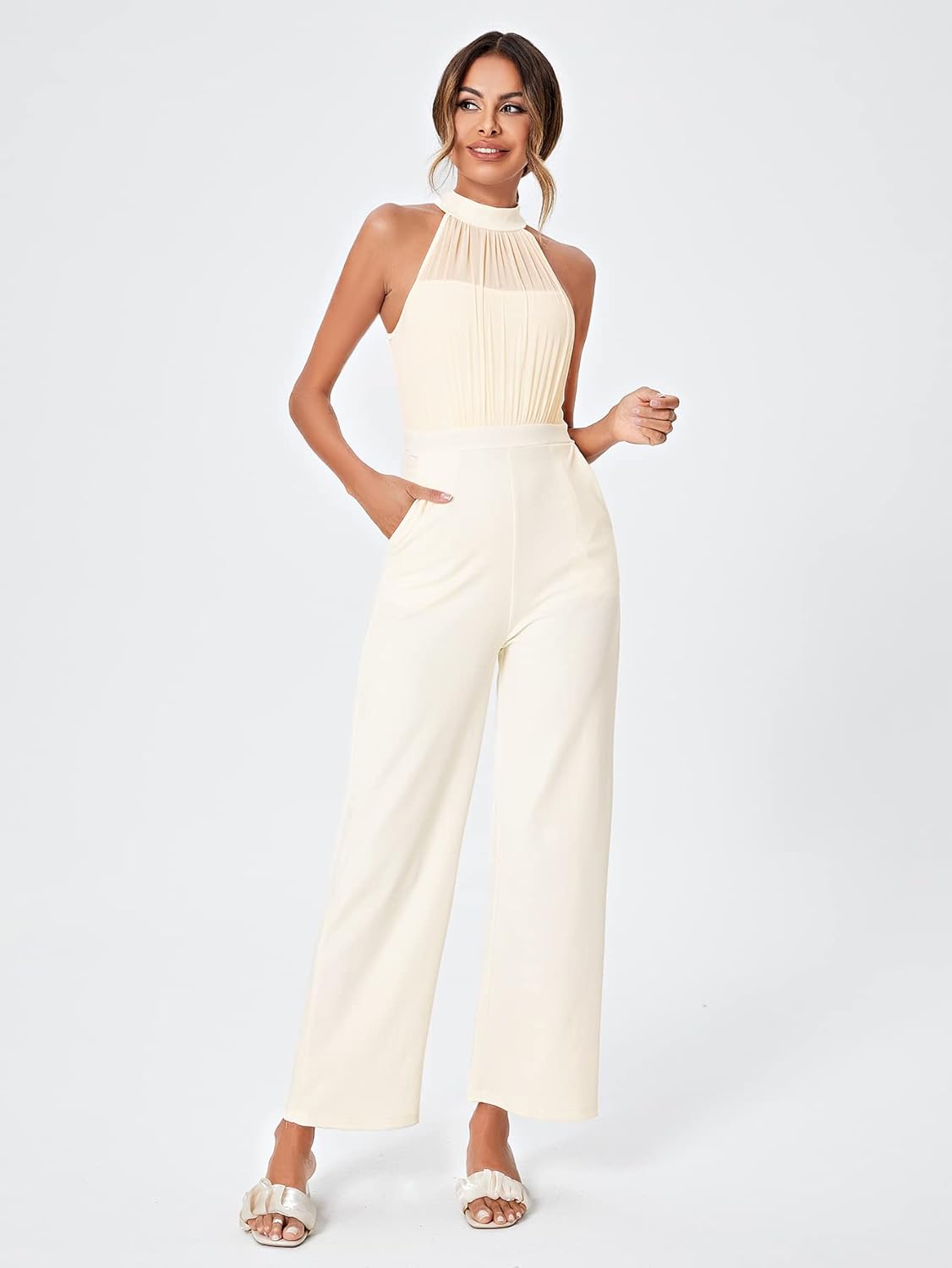 SweatyRocks Women's Elegant Sleeveless Halter High Waist Flare Leg Pants Romper Jumpsuit