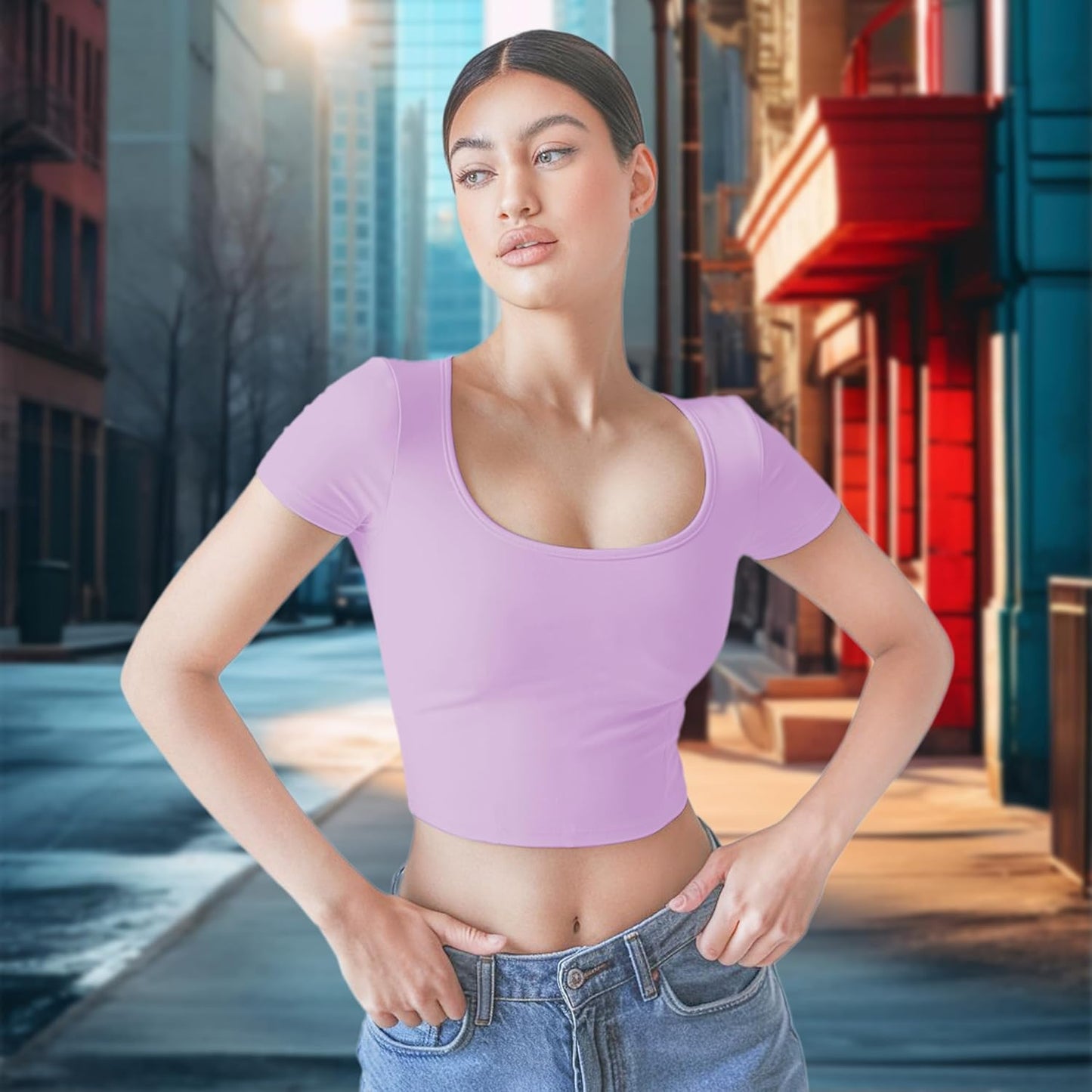 1 & 9 Crop Tops for Women Scoop Neck Short Sleeve Polyester Slim Fit Y2k Trendy Summer 2025 Basic Half Tee for layring Top