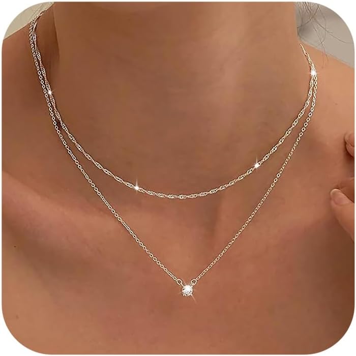 Tewiky Diamond Necklaces for Women, Dainty S925 Sterling Silver/ 14K Gold Choker Necklace Simple Silver CZ Jewelry Necklaces for Women Trendy Gifts