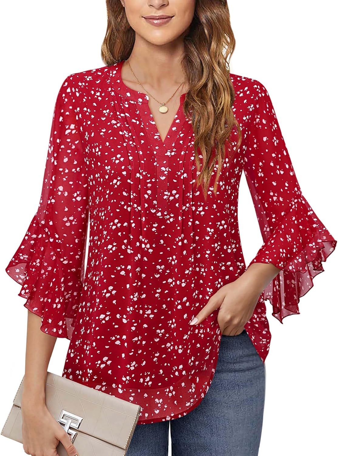 Timeson Women's 3/4 Sleeve Tops Dressy Casual Business Work Blouses Chiffon Shirts