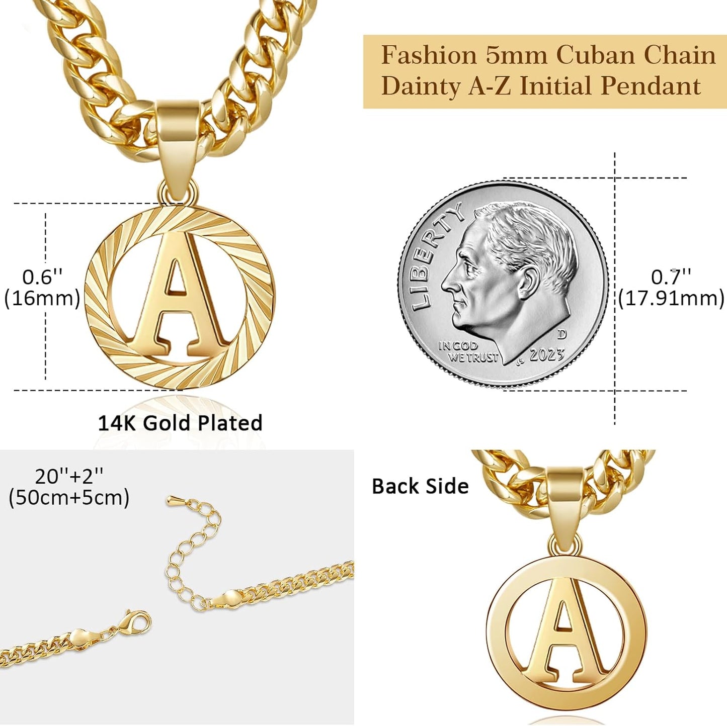 KissYan Gold Initial Necklace,14K Gold Plated Round Letter Pendant Hollow Capital Monogram 5mm Cuban Chain Necklace Alhpabets from A-Z Dainty Jewelry for Women Men