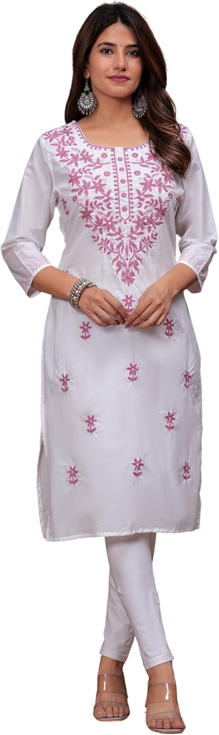 JG JAI GOVINDAM Indian Hand Embroidered Kurti for Women Chikankari Straight Cotton Long Kurti's Tunic Kurta Dreses for Women