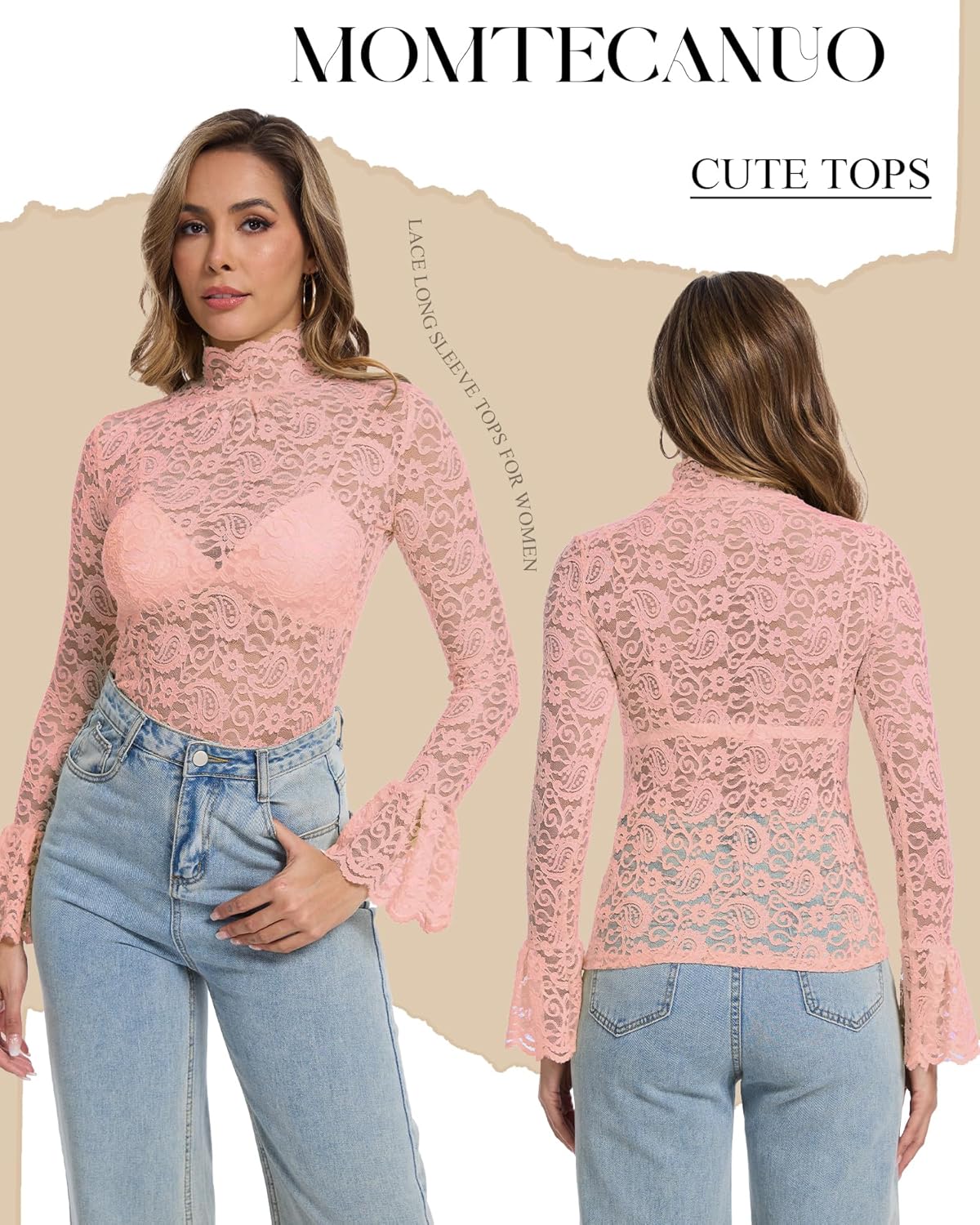 Women's Long Sleeve Lace Mesh Tops High Neck Sheer Blouse Sexy Floral Going Out Top
