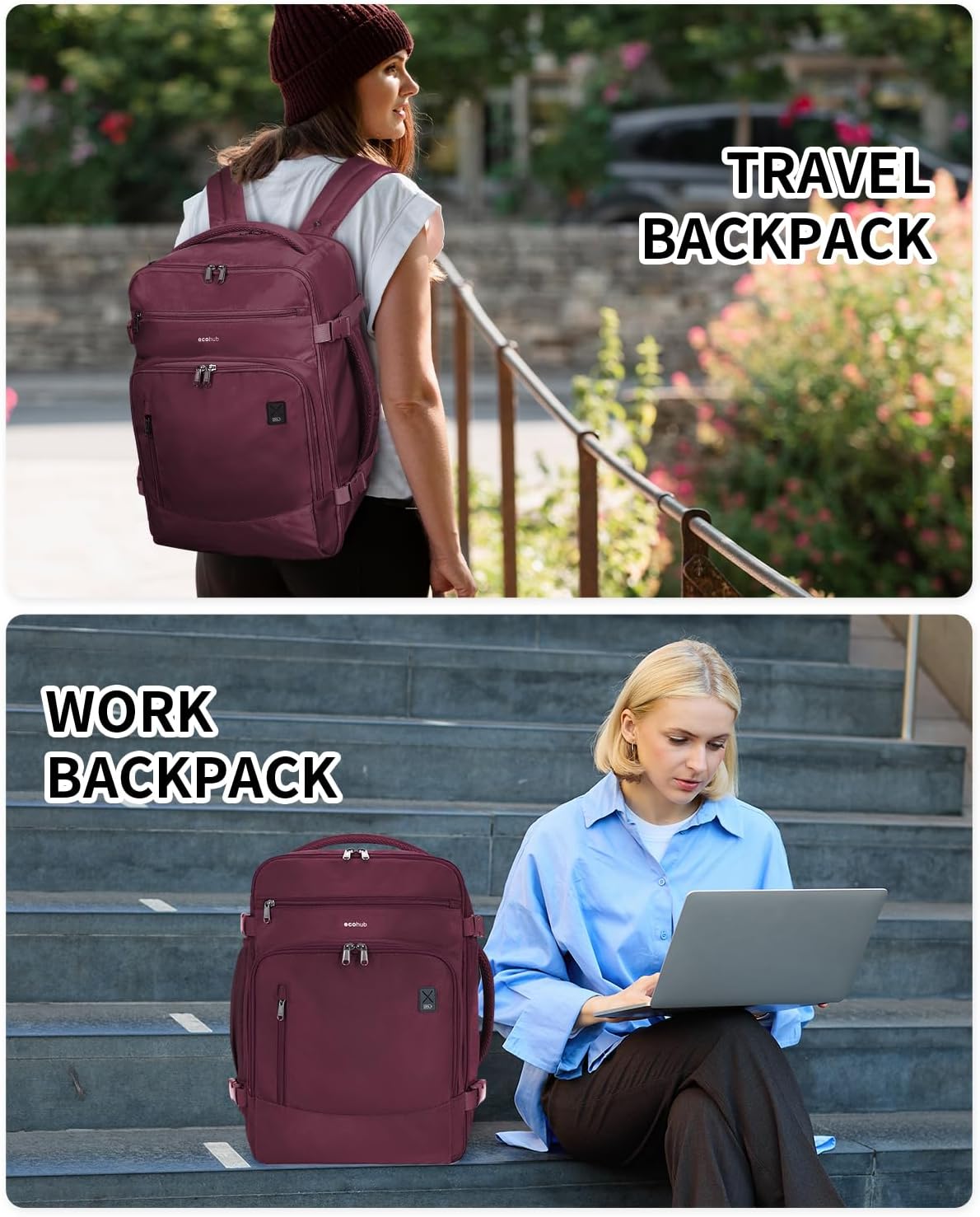 ECOHUB Travel Backpack for Women, 18x14x8 Spirit Airlines Personal Item Bag with Clear Toiletry Bag, Laptop Carry on Backpack with USB Port, Airline Approved Under Seat 14 Pockets 30L, Red