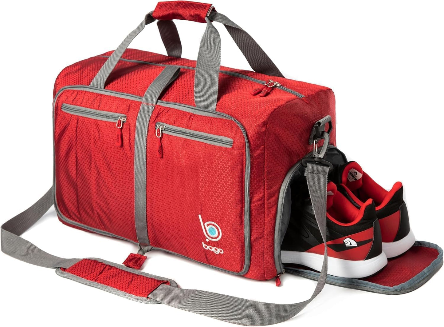Bago Foldable Duffel Bags for Traveling Women & Men - 40L Sports Packable Duffle Bag for Travel with Shoe Compartment - Water Repellant, Heavy Duty, Lightweight Folding & Collapsible (Red)