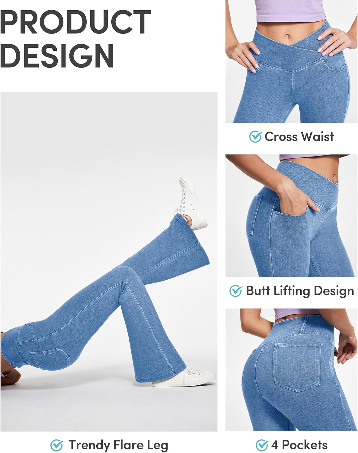 IUGA Bell Bottom Jeans for Women High Waisted Stretchy Flare Jeans Pull On Wide Leg Jean Woman V Cross Flare Leggings Pants