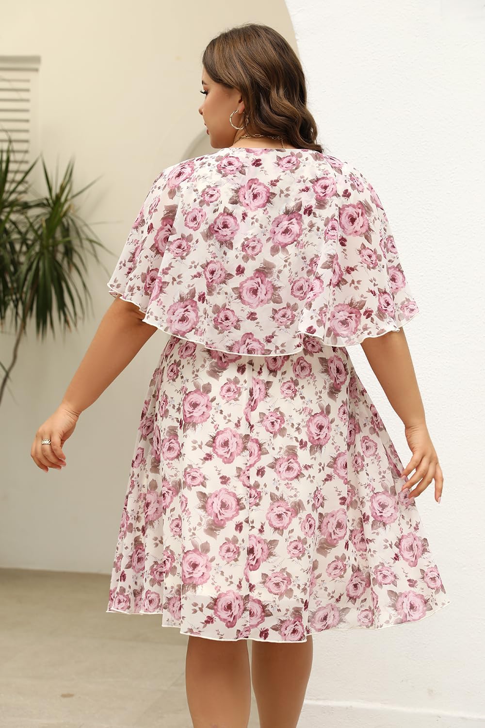 Keluummi Plus Size Summer Wedding Guest Dress for Curvy Women, Casual Boho Floral Empire Waist Midi Flowy Dress with Sleeve