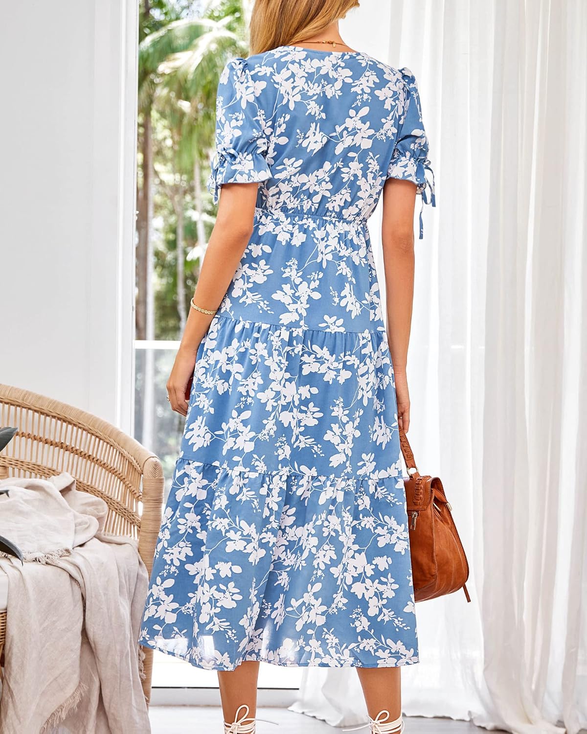 BTFBM 2025 Womens Summer Boho Dress Tie Front Deep V Neck Cutout Short Sleeve Casual Party Floral Beach Maxi Dresses